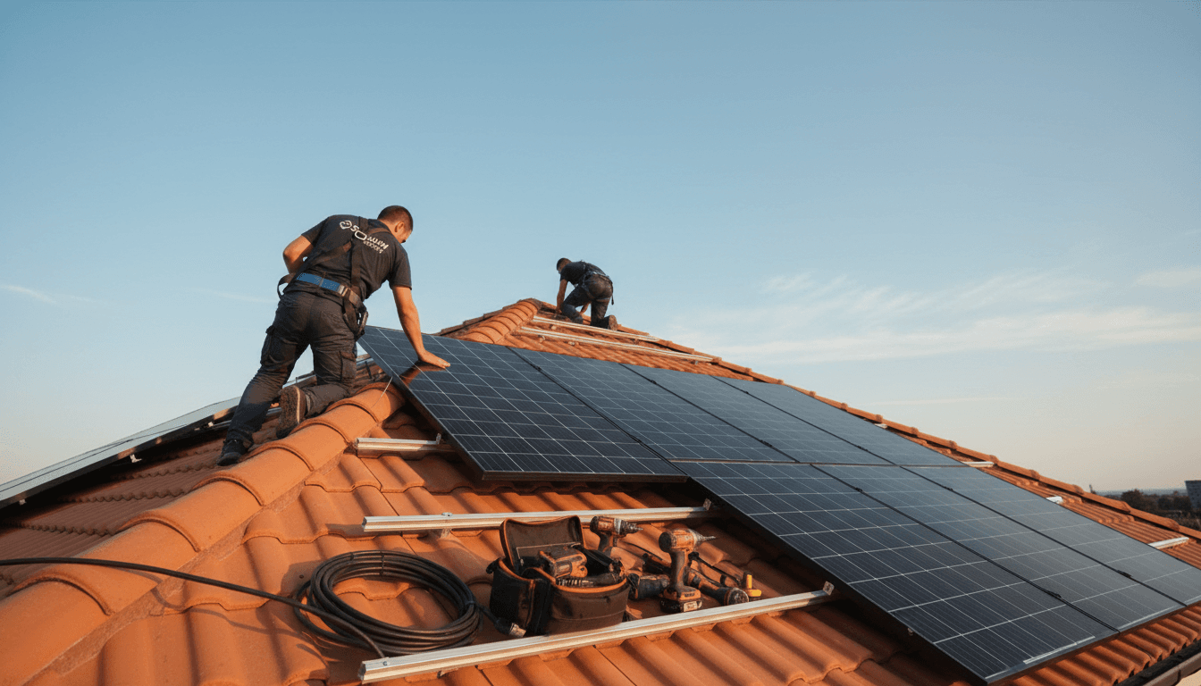 Technician installing solar panels on residential rooftop during afternoon light with helper in background