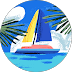 Sailboat with yellow and blue sails on blue water, framed by green tropical palm fronds.